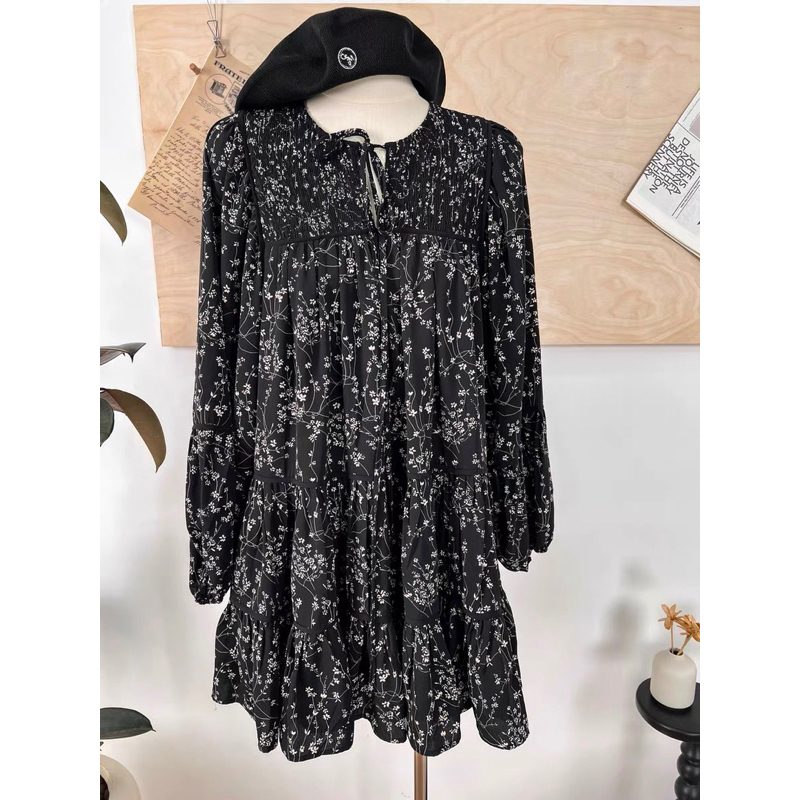 Váy đầm babydoll hoa nhí đen dây nơ cổ form rộng vintage thiết kế du lịch biển BlackPink