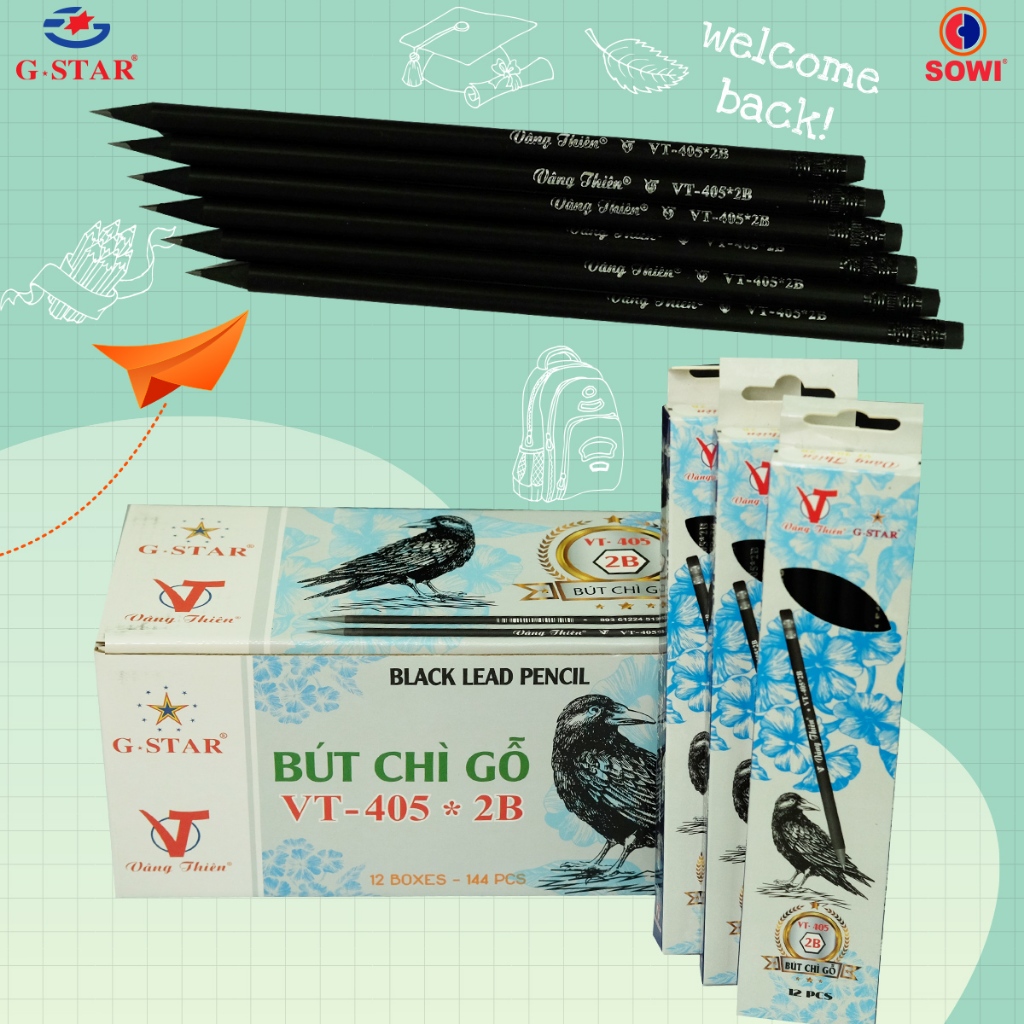 HỘP 12 Cây Bút Chì Gỗ / Viết Chì Gỗ 2B Thân Đen, Có Gôm G-star/ Gstar VT-405 Chính Hãng