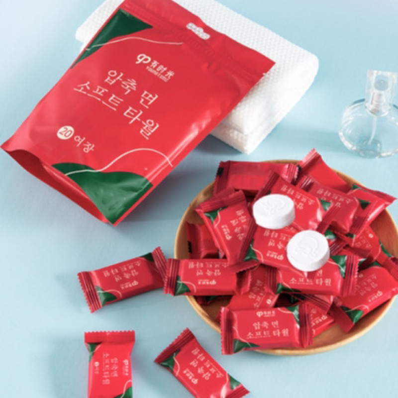 Khăn giấy nén du lịch đa năng hình viên kẹo màu đỏ vuông / tròn Hàn Quốc xinh xắn bỏ túi tiện lợi mang đi học, đi chơi