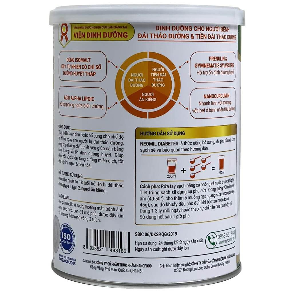 Sữa NEOMIL DIABETES dinh dưỡng chuyên biệt cho đái tháo đường type 1, type 2, người ăn kiêng hộp 850g