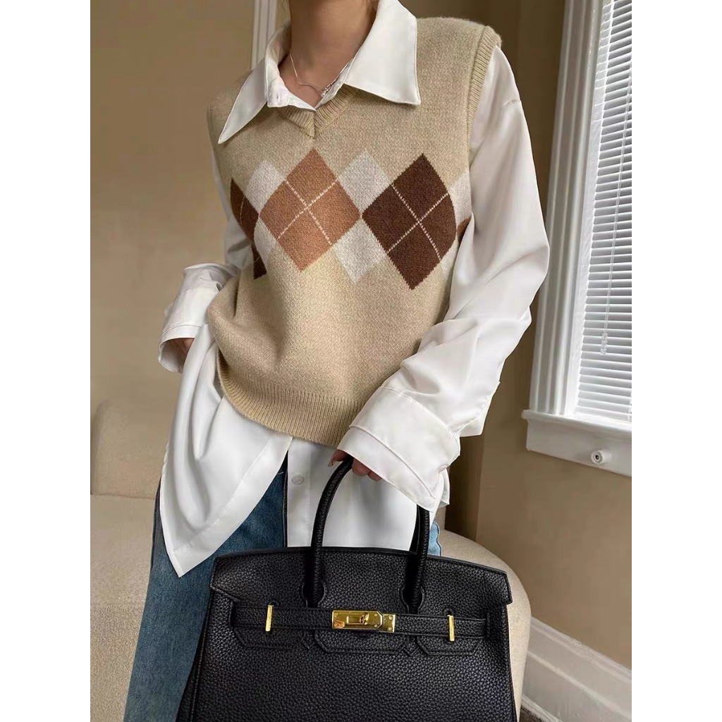 Áo Gile Nữ Chất Len Lông Cừu Mềm Mịn Cao Cấp Hoạ Tiết Kẻ Caro Quả Trám Phong Cách Vintage, Áo Len Không Tay Vintage