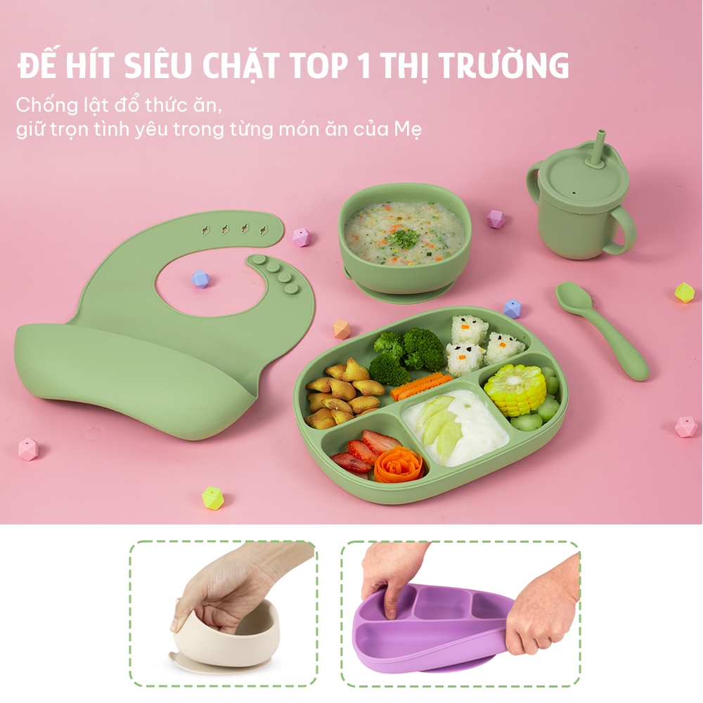 Bộ Ăn Dặm Cho Bé Thương Hiệu Mama's Choice, Combo Ăn Dặm Bát-Khay-Yếm-Thìa-Cốc Silicone Cao Cấp