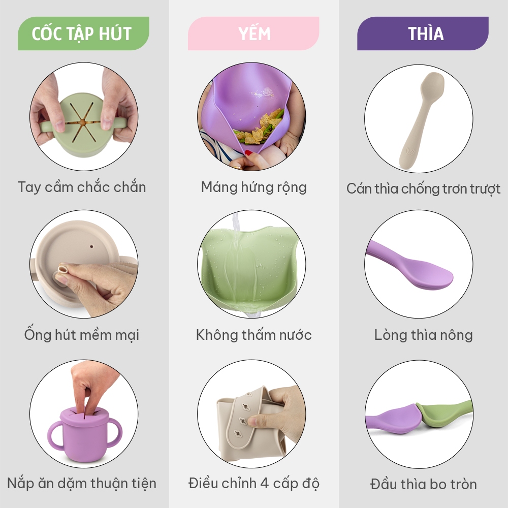 Bộ Ăn Dặm Cho Bé Thương Hiệu Mama's Choice, Combo Ăn Dặm Bát-Khay-Yếm-Thìa-Cốc Silicone Cao Cấp