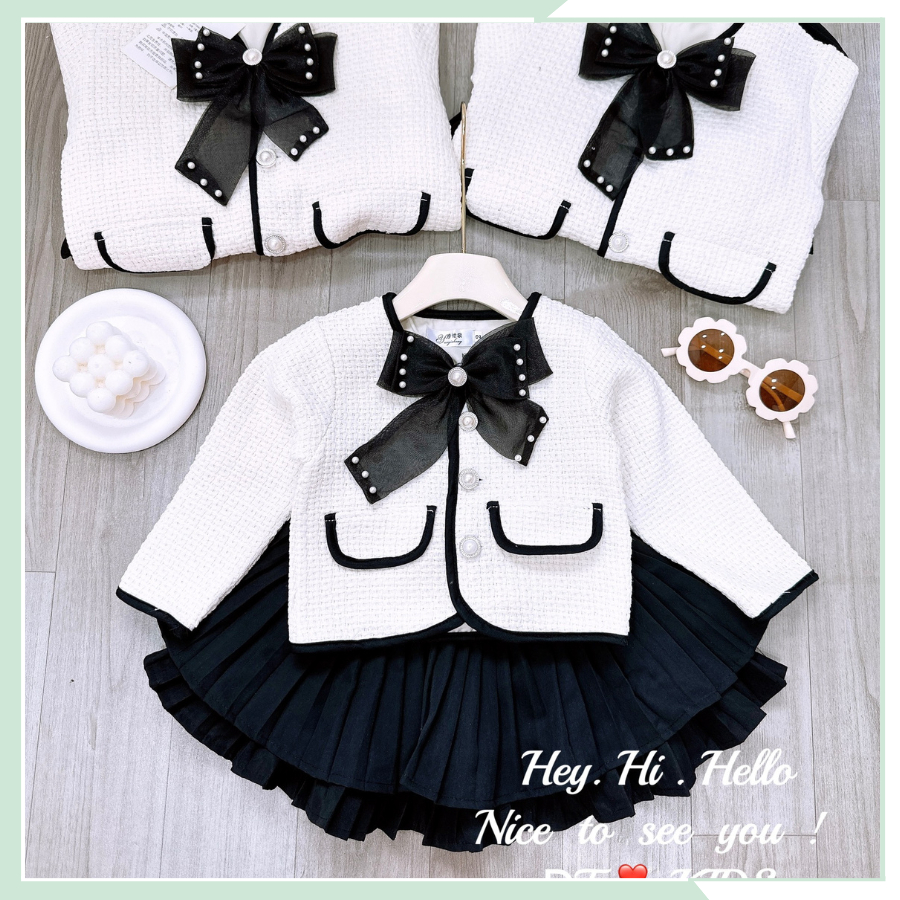 Áo khoác dạ tweed dài tay nơ ngọc kèm chân váy xếp ly hai tầng cho bé gái BBG111