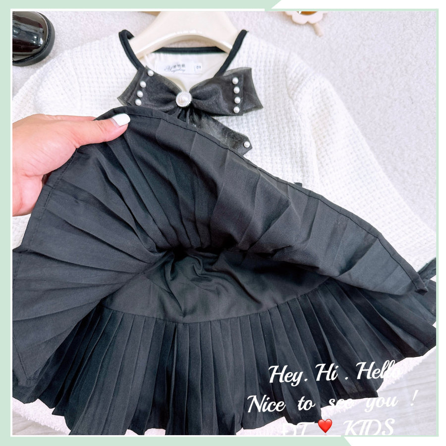 Áo khoác dạ tweed dài tay nơ ngọc kèm chân váy xếp ly hai tầng cho bé gái BBG111