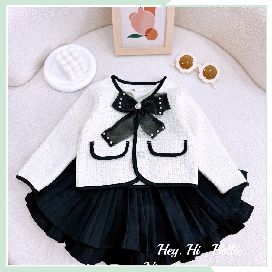 Áo khoác dạ tweed dài tay nơ ngọc kèm chân váy xếp ly hai tầng cho bé gái BBG111