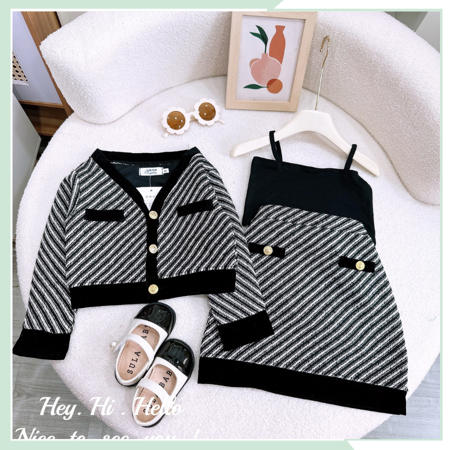 Bộ dạ thu đông cho bé, áo khoác dạ kẻ dài tay, chân váy dạ kèm áo hai dây đen cho bé gái BBG113