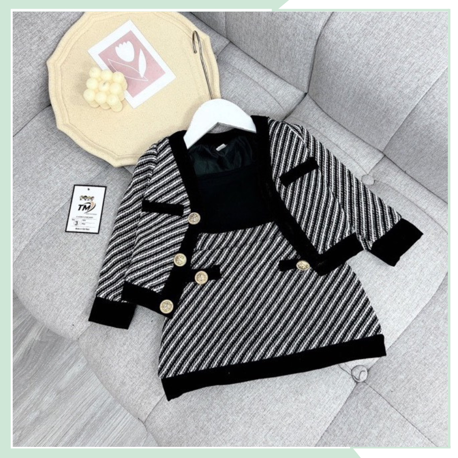 Bộ dạ thu đông cho bé, áo khoác dạ kẻ dài tay, chân váy dạ kèm áo hai dây đen cho bé gái BBG113