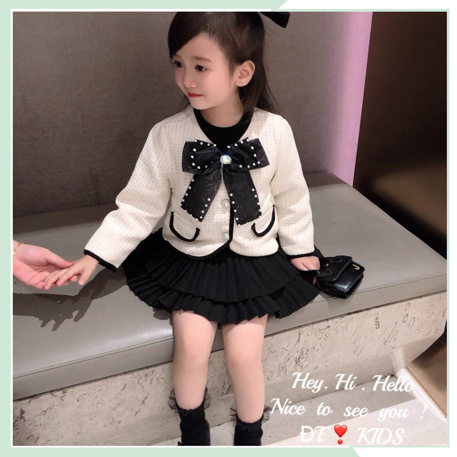 Áo khoác dạ tweed dài tay nơ ngọc kèm chân váy xếp ly hai tầng cho bé gái BBG111