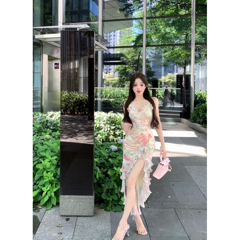 Đầm xoè voan hoa xanh có lót TRIPBLE T DRESS - Free size dưới 54kg