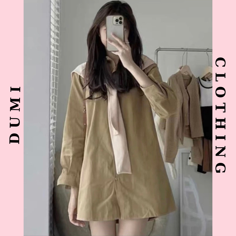 Váy sơ mi kèm vạt chất nhung tăm dáng suông Vintage , Váy suông kèm vạt basic thời trang công sở , học sinh Thu Đông