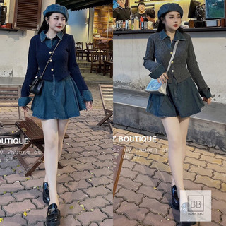 Set 2 chi tiết áo len thừng mix váy jean dáng xoè qccc