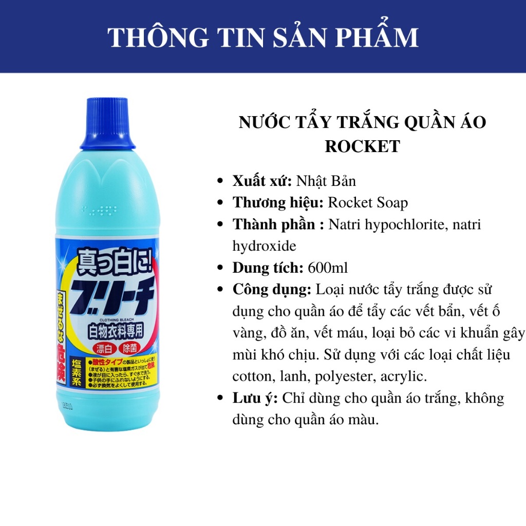Nước tẩy trắng quần áo chuyên dùng cho vải trắng Rocket hàng nội địa Nhật Bản AD147
