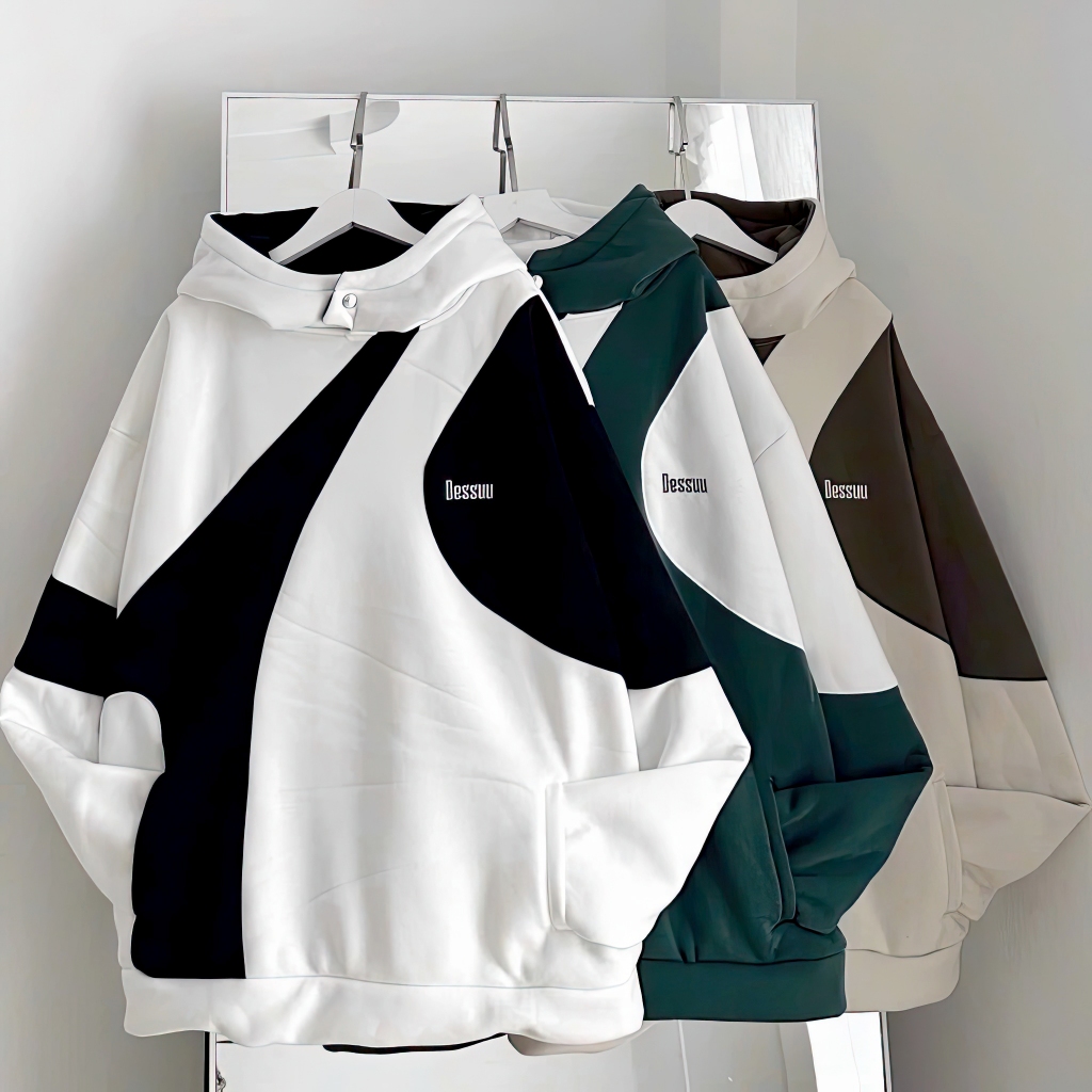 Áo Hoodie Nỉ Ngoại Form Rộng ULzzang Phối Thân Và Tay Thêu Chữ Nón Đóng Nút Tay Phồng Chất Dày Dặn Mềm Mịn Thoáng Mát