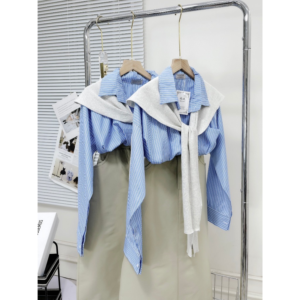 Set Bộ Đồ Nữ Áo Sơ Mi Kẻ Sọc Xanh Dài Tay Phối Khăn Quàng Mix Chân Váy Kaki Chéo Giãn Nhẹ Dáng Dài Freesize
