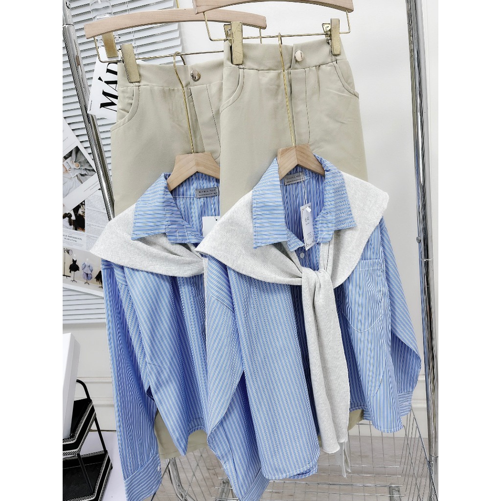 Set Bộ Đồ Nữ Áo Sơ Mi Kẻ Sọc Xanh Dài Tay Phối Khăn Quàng Mix Chân Váy Kaki Chéo Giãn Nhẹ Dáng Dài Freesize