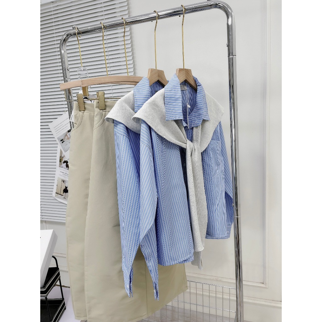 Set Bộ Đồ Nữ Áo Sơ Mi Kẻ Sọc Xanh Dài Tay Phối Khăn Quàng Mix Chân Váy Kaki Chéo Giãn Nhẹ Dáng Dài Freesize
