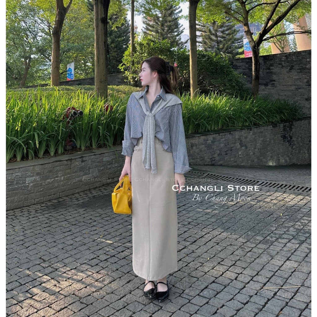 Set Bộ Đồ Nữ Áo Sơ Mi Kẻ Sọc Xanh Dài Tay Phối Khăn Quàng Mix Chân Váy Kaki Chéo Giãn Nhẹ Dáng Dài Freesize