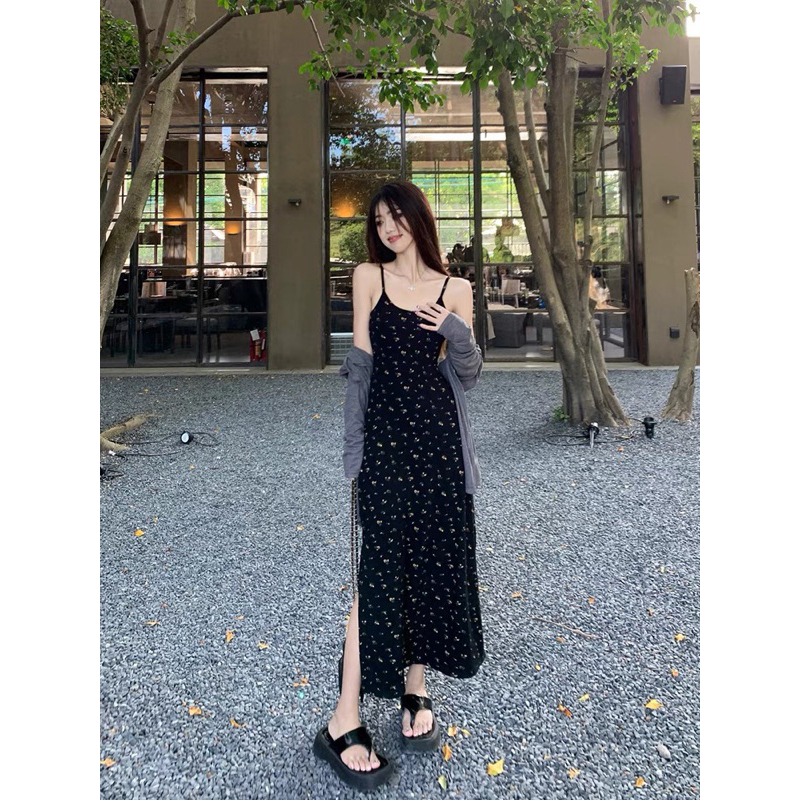 Set váy 2 dây hoa nhí dáng dài mix áo khoác mỏng