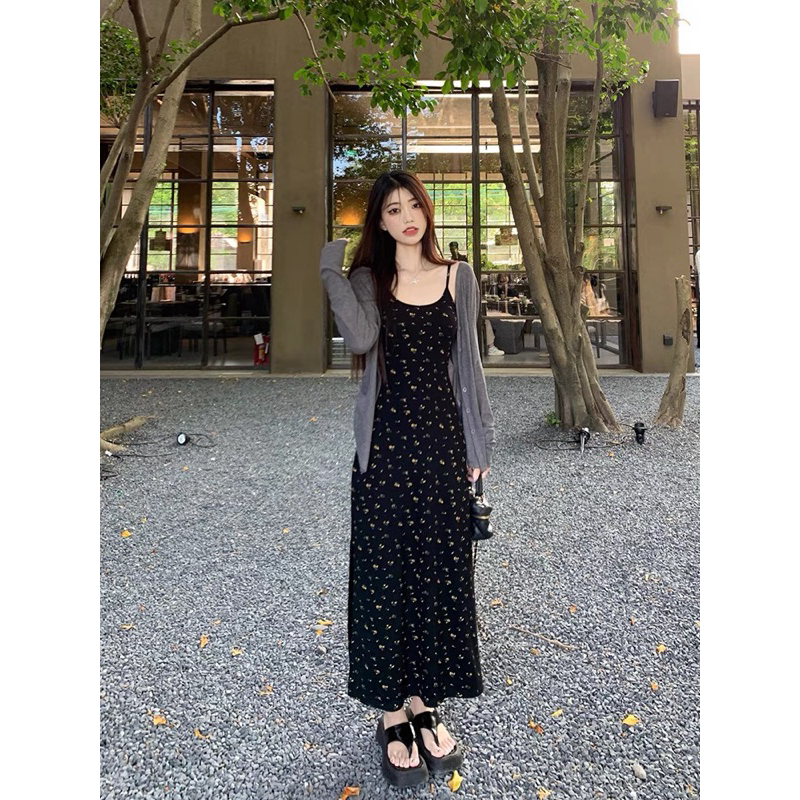 Set váy 2 dây hoa nhí dáng dài mix áo khoác mỏng