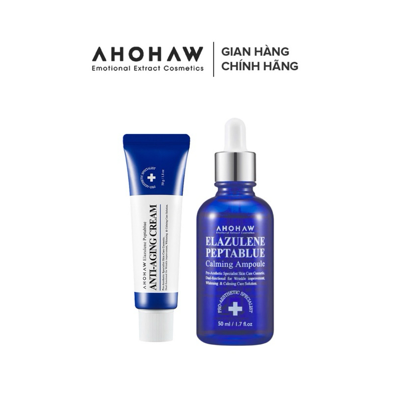 Combo Dưỡng Trắng Chống Lão Hoá Da AHOHAW Elazulene Peptablue Ampoule & Anti-Aging Cream - Dưỡng Ẩm, Tái Tạo Da