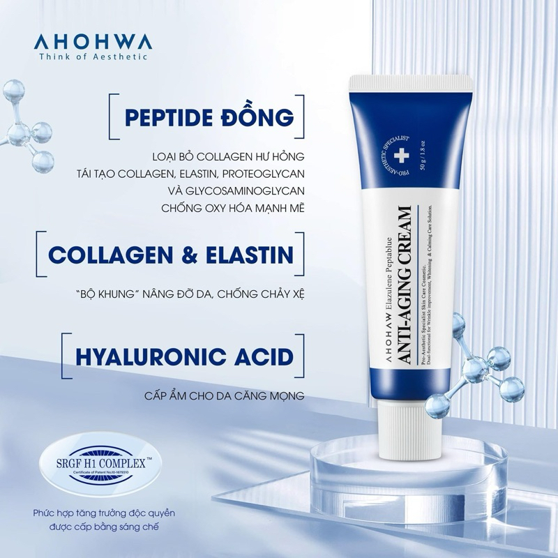 Combo Dưỡng Trắng Chống Lão Hoá Da AHOHAW Elazulene Peptablue Ampoule & Anti-Aging Cream - Dưỡng Ẩm, Tái Tạo Da