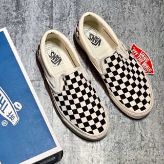 Giày lười nam nữ loại đẹp full box - Giày thể thao Slip On Vans Caro kẻ sọc đen trắng cá tính ulzzang, đế êm lót da D9