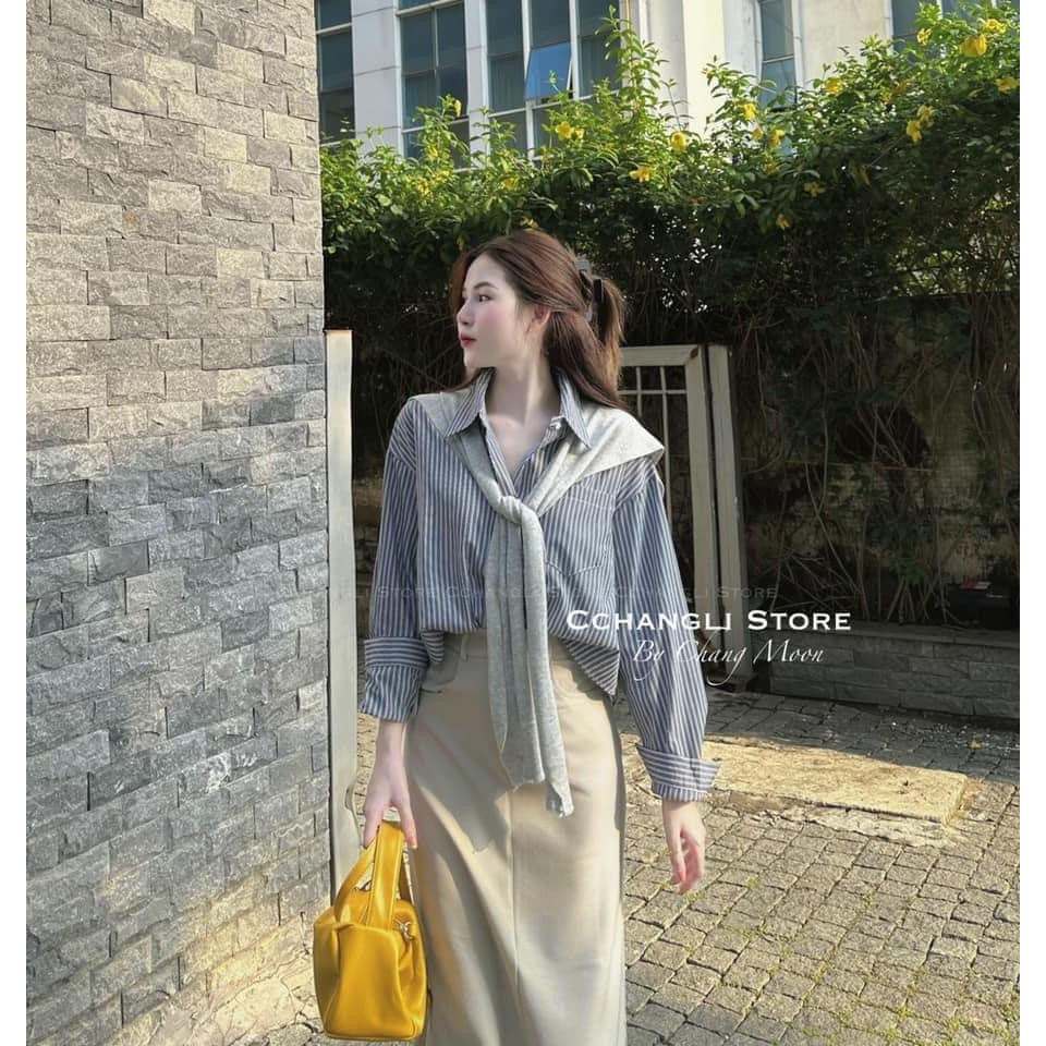 Set Bộ Đồ Nữ Áo Sơ Mi Kẻ Sọc Xanh Dài Tay Phối Khăn Quàng Mix Chân Váy Kaki Chéo Giãn Nhẹ Dáng Dài Freesize