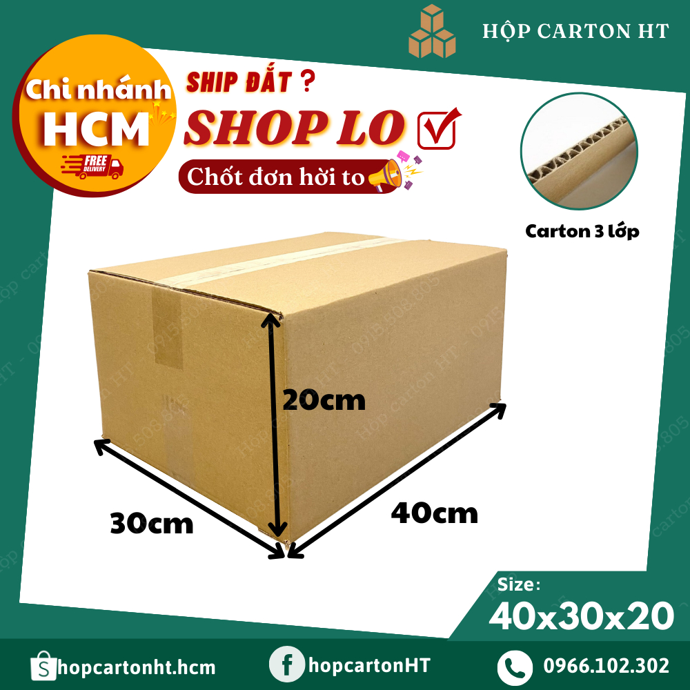 Hộp carton 40x30x20 đóng hàng thùng giấy carton gói hàng đồ gia dụng, giày dép giá rẻ - Hộp carton HT