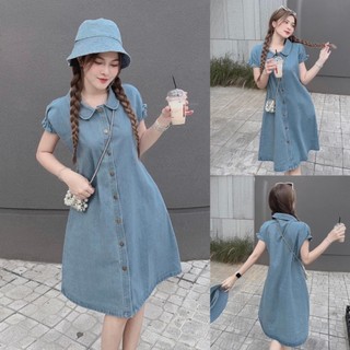 Đầm Jean Babydoll tay bồng dáng chữ A đính nút tay bèo xinh xắn D024