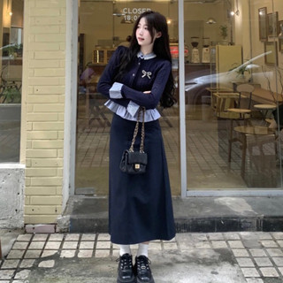 [S2.592] Set Áo Len Vặn Thừng Phối Bèo Kẻ Dập Ngọc Mix Chân Váy Dáng Dài Kèm Nơ Siêu Xinh
