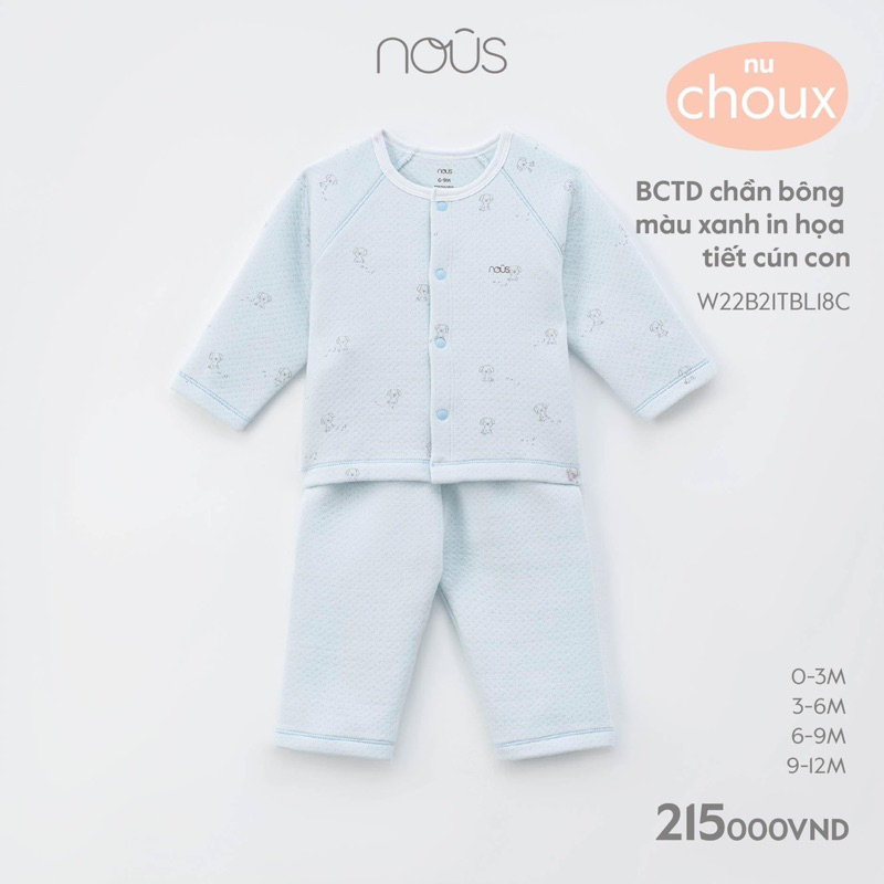 Bộ quần áo dài tay cài thẳng nỉ chần bông Nous thu đông cho bé sơ sinh 3-10kg mẫu 2023 chính hãng