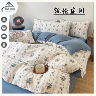 Bộ chăn ga gối cotton đũi 4 món vintage Cao cấp - hoạ tiết hoa nhí ( bo chun kích thước nhắn tin shop)