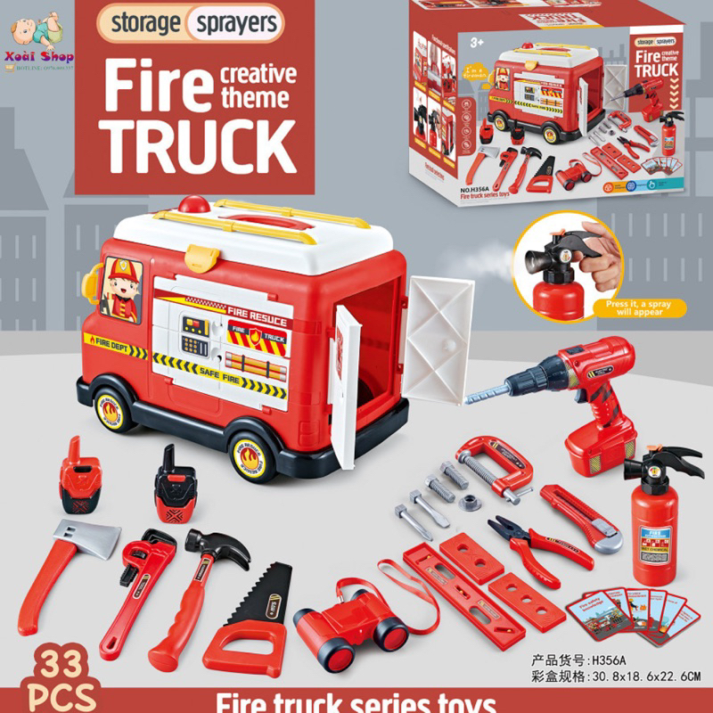 Xe cứu hoả BỘ 33 CHI TIẾT ( có khoan điện, mới nhất) và 22 CHI TIẾT (có mũ)