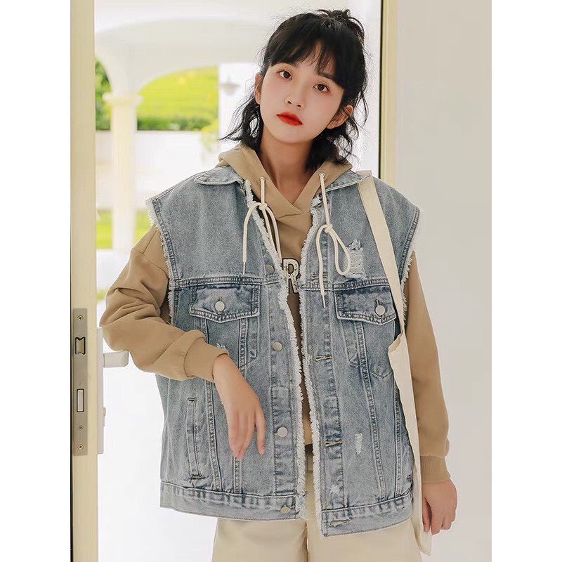 Áo Gile Jeans Nữ Dáng Hàn Áo Khoác Bò Nữ Dáng Dài Rách Tua Rua Ulzzang Hàn Quốc  ANIESHOP688