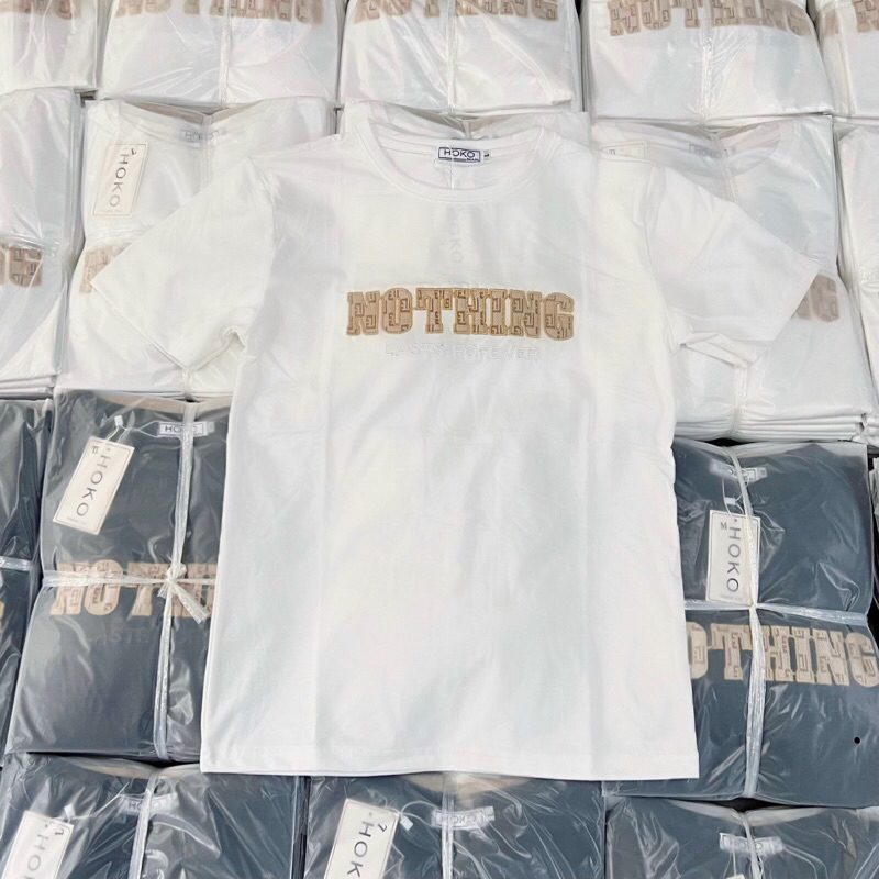 ÁO THUN COTTON PHỐI THÊU CHỮ - ÁO ĐÔI TAY NGẮN CỔ TRÒN CTTN