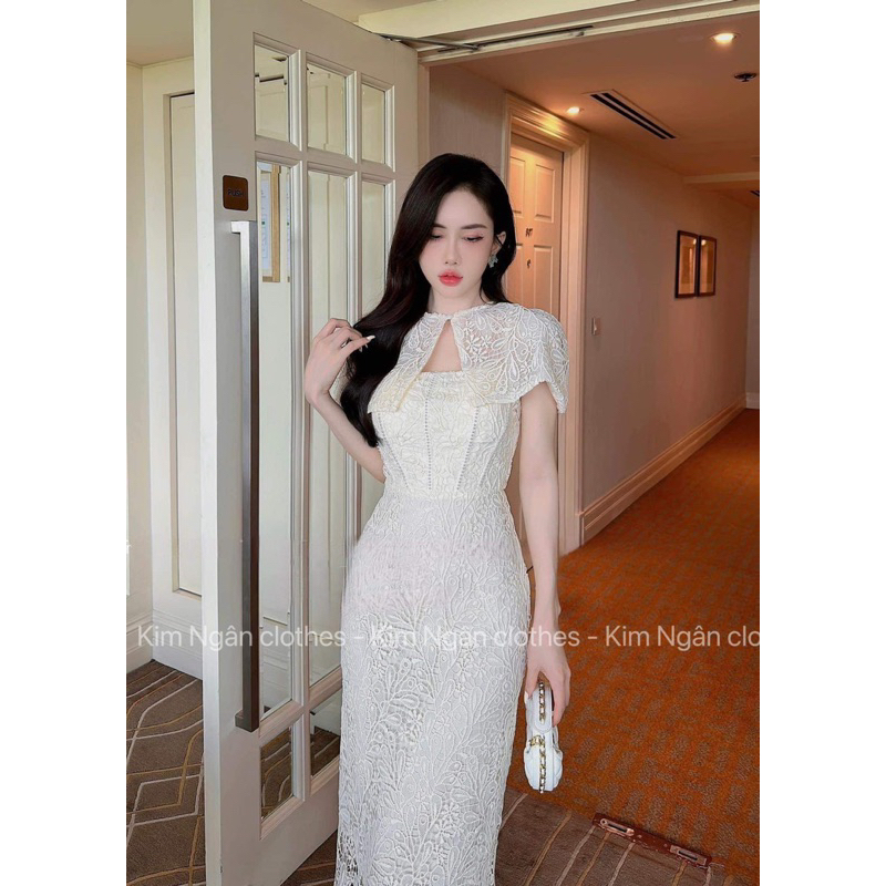 Váy thiết kế dáng dài ren mix áo choàng cổ siêu sang chảnh