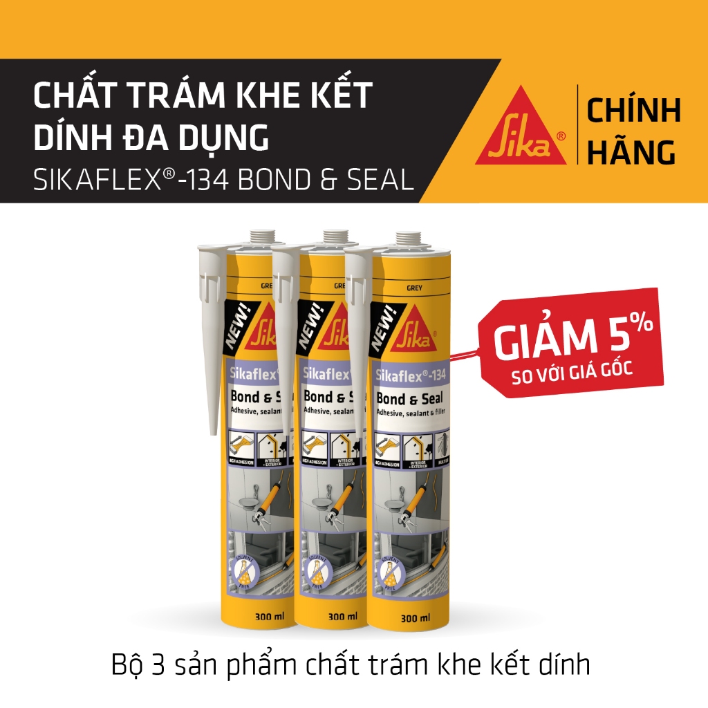 Sika - BỘ 3 ống chất trám khe, kết dính đa dụng Sikaflex ® -134 Bond & Seal (Xám) (ống 300 ml)