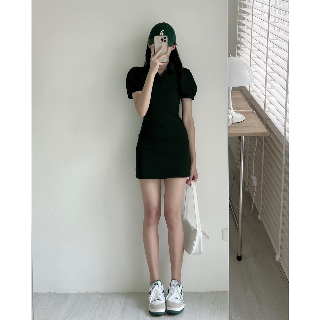 Váy polo trơn tay phồng vải umi dày đẹp dáng body xòe nhẹ phần chân váy Anime Unisex