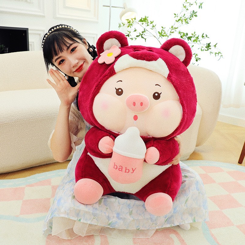 Gấu Bông Heo Cosplay Lotso Ôm Bình Sữa - Heo Lợn Bông Mũ Lotso Cởi Mũ Ra Được Cao Cấp Gấu Bông City