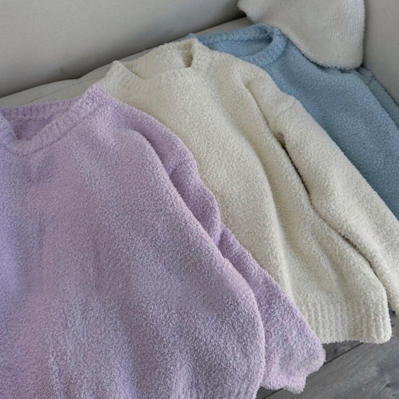 Áo len lông cừu tay dài cổ tròn dáng rộng ba màu siêu xinh