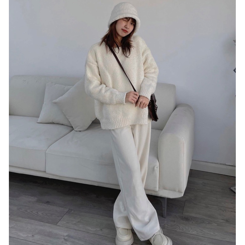 Áo len lông cừu tay dài cổ tròn dáng rộng ba màu siêu xinh