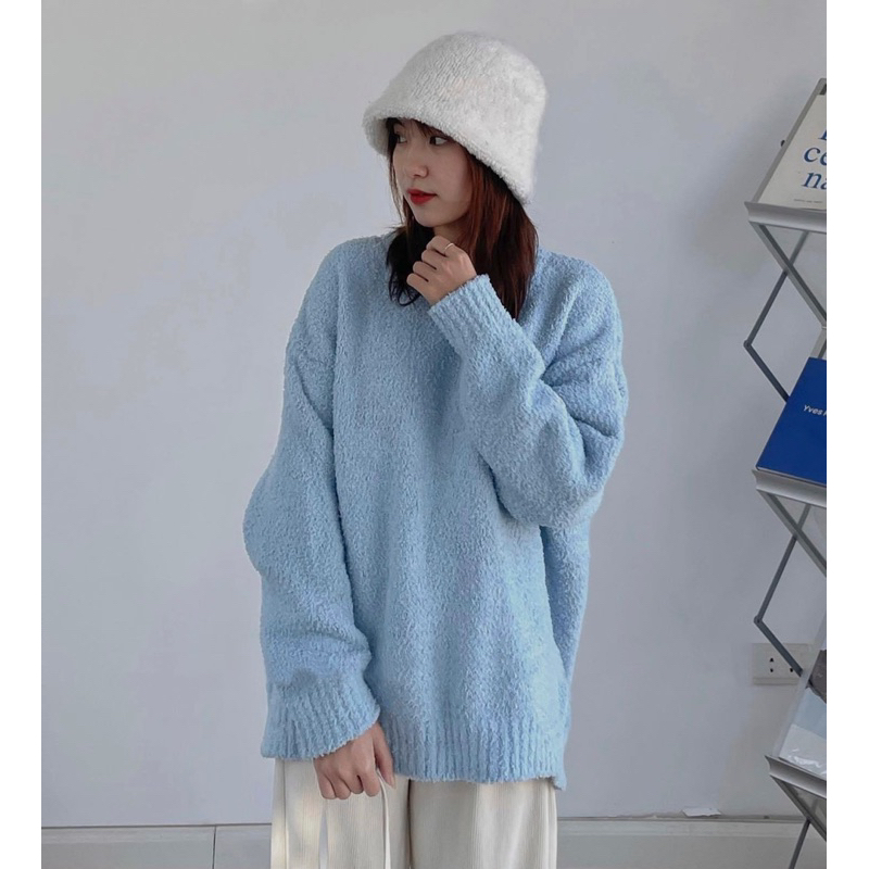 Áo len lông cừu tay dài cổ tròn dáng rộng ba màu siêu xinh