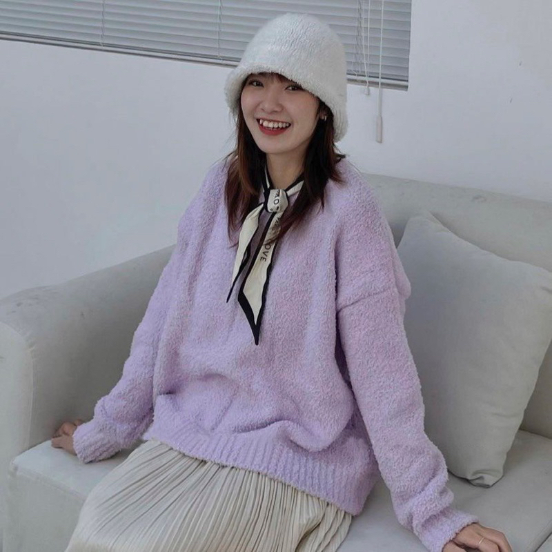 Áo len lông cừu tay dài cổ tròn dáng rộng ba màu siêu xinh