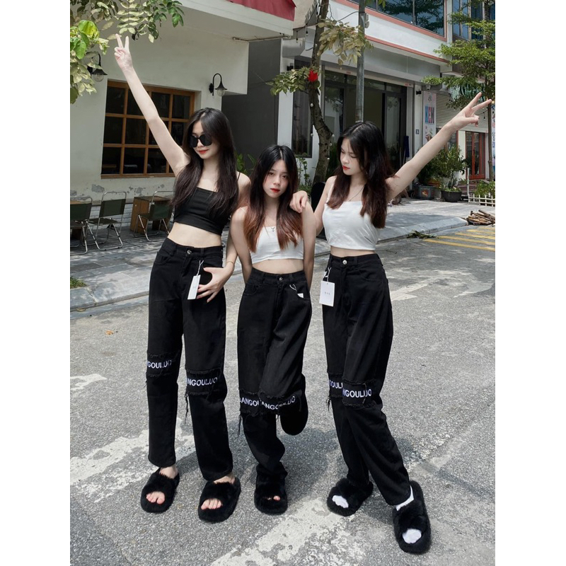 Quần bò ống rộng thêu chữ BANGOULU.O siêu hot