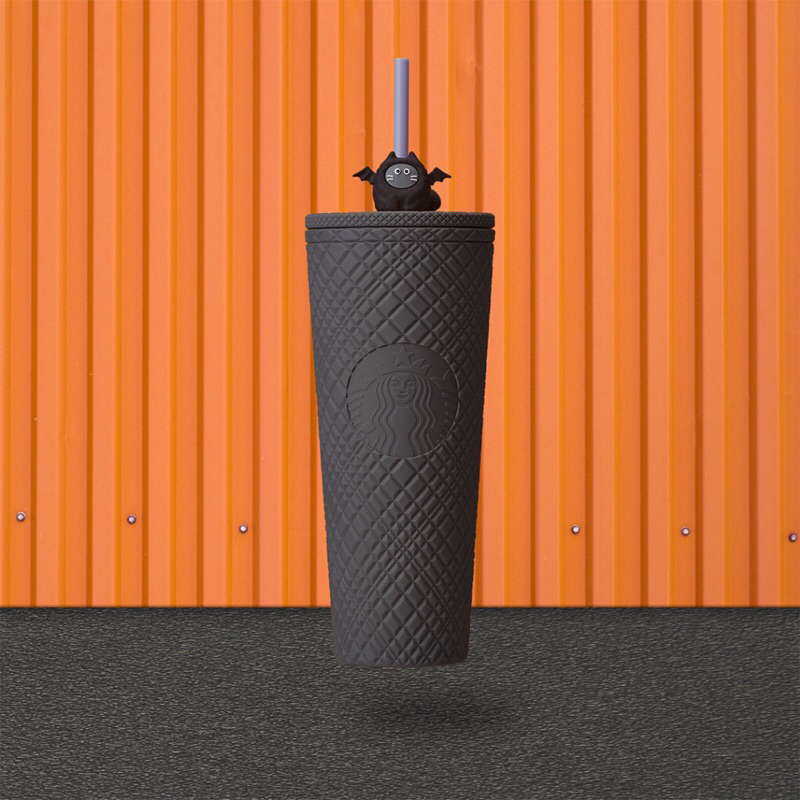 LY STARBUCKS COLD CUP 24OZ (710ML) PLASTIC GREY JEWEL WITH KITTEN BAT TOPPER [CHÍNH HÃNG]