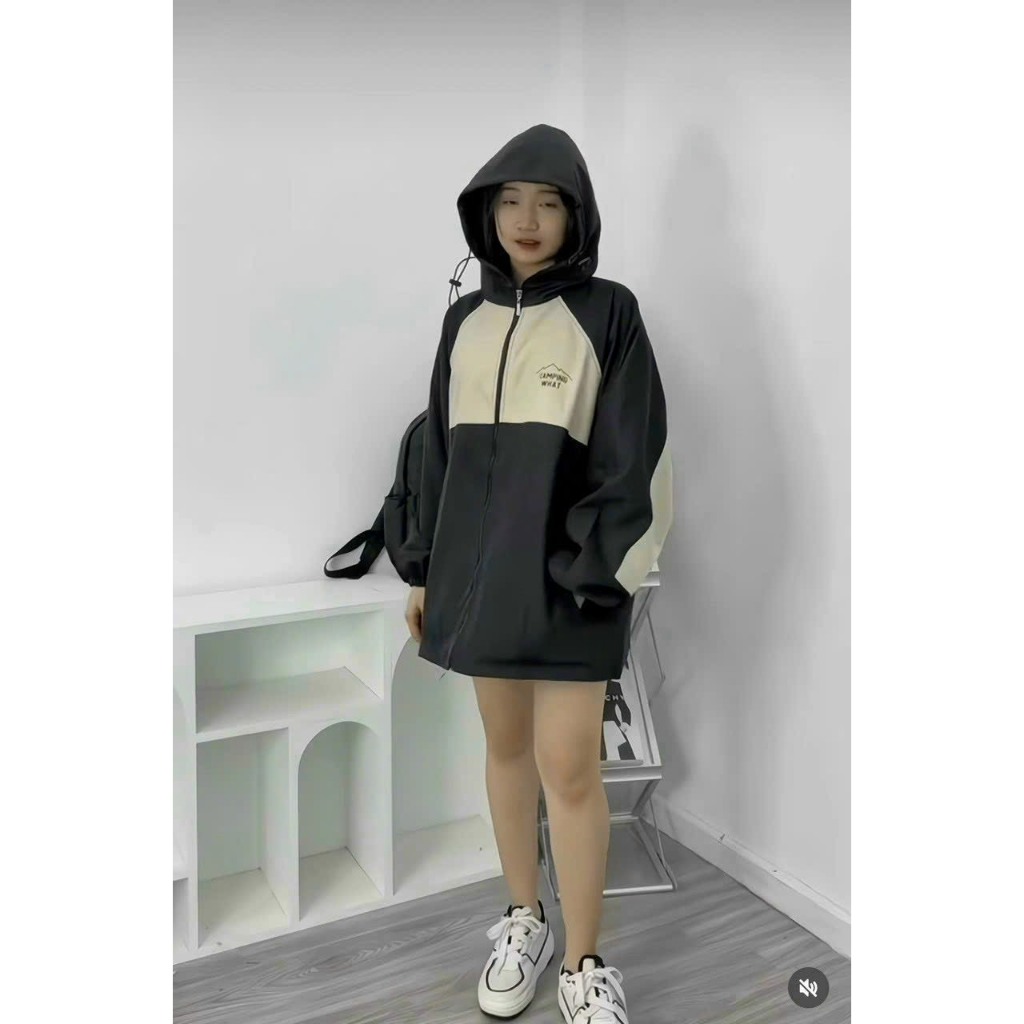 Áo Khoác Dù 2 Lớp Camping Unisex Phối Màu Be Đen Có Mũ, Form Rộng, Ống Tay Bo AK02