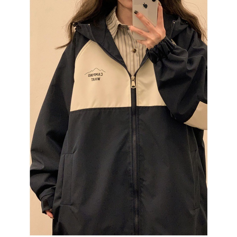 Áo Khoác Dù 2 Lớp Camping Unisex Phối Màu Be Đen Có Mũ, Form Rộng, Ống Tay Bo AK02