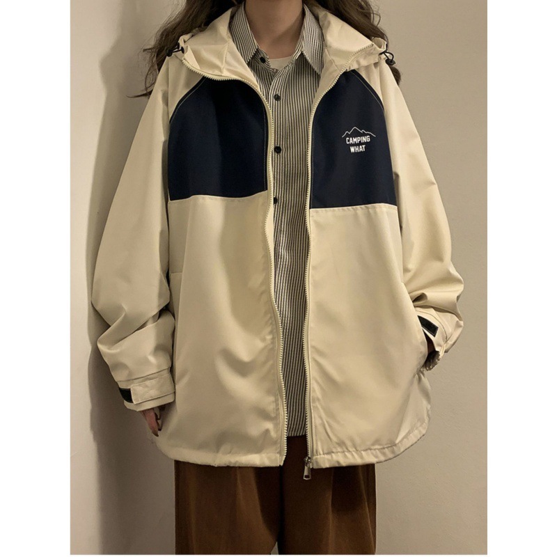 Áo Khoác Dù 2 Lớp Camping Unisex Phối Màu Be Đen Có Mũ, Form Rộng, Ống Tay Bo AK02