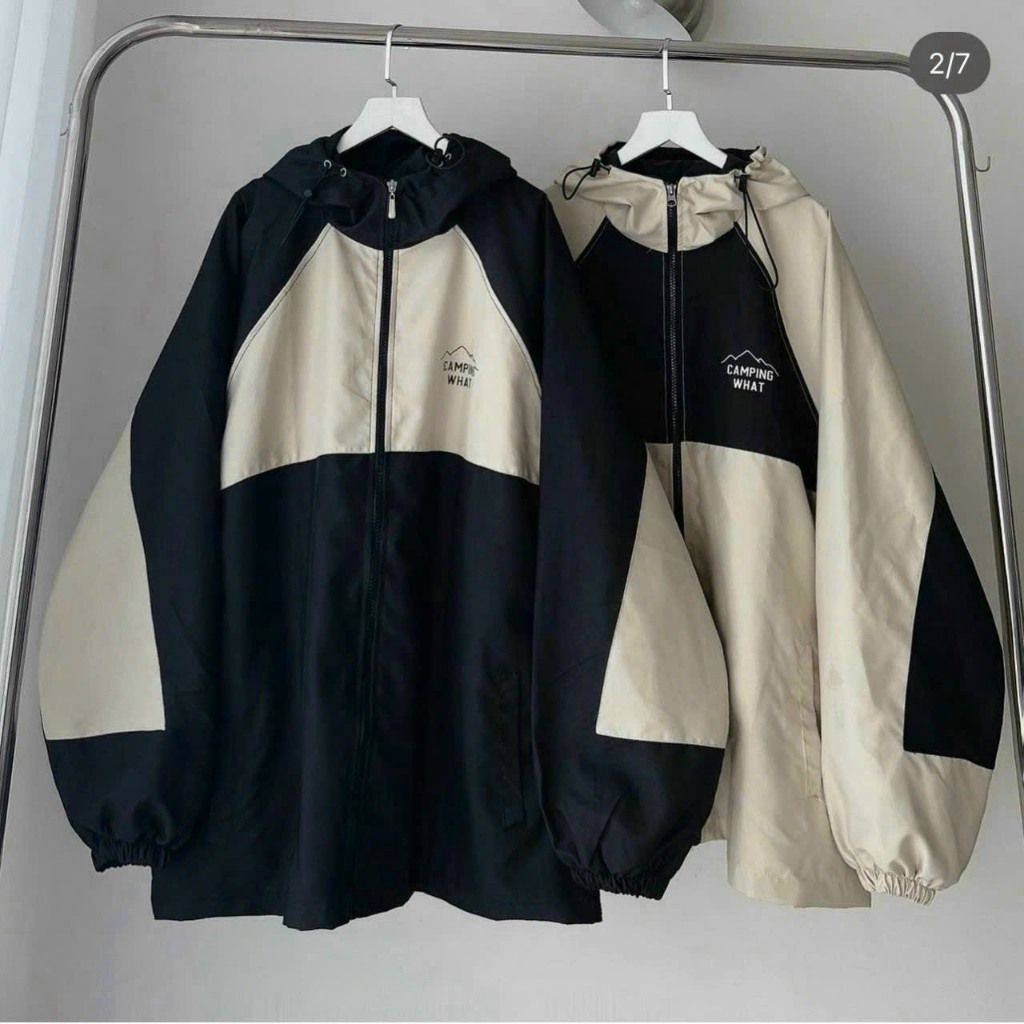 Áo Khoác Dù 2 Lớp Camping Unisex Phối Màu Be Đen Có Mũ, Form Rộng, Ống Tay Bo AK02